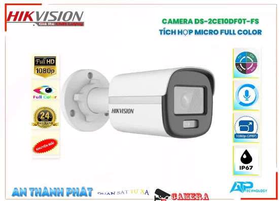  Camera hikvision DS-2CE10DF0T-FSb thiết kế dạng Thân Thu âm COLORVU độ phân giải full color  Camera hình trụ có màu ban đêm 2MP (ColorVu) Hỗ trợ đèn sáng trắng 20m – 2D DNR